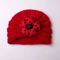 Red knit baby turban hat with a vintage red and black polka dot fabric flower detail - Red