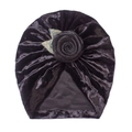 Bonnet turban bébé en velours noir avec rose 3D et détails de feuilles dorées - Noir