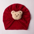 Rote Strickmütze für Babys mit beigem Plüschbären und Fischgrätenmuster im Turban-Stil - Einheitsgröße / Rot