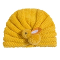 Bright yellow knit baby turban hat featuring a cute plush bunny doll with orange ears - One Size / Yellow