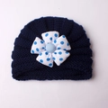 Soft navy blue baby knitted beanie with cute white polka dot floral decoration - Navy Blue