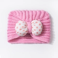Pink knit baby headband with cute white polka dot bow, soft winter hair accessory - Pink