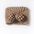 Cute baby knitted headband in light brown with a large brown polka dot bow - Coffee