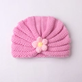 Pink knit baby turban hat with decorative 3D flower detail for infants and toddlers - Pink