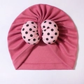 Newborn baby rose red turban hat with a soft light pink polka dot bow decoration - Dark Mauve