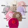 Close-up of baby turban hats with large 3D flowers in multiple soft colors - Mixed Colors