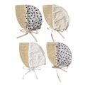 Detail of four baby sun hats with lace embroidery and straw patchwork design - 4-Color Mixed