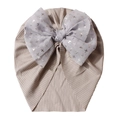 Detailed close-up of ribbed cotton baby turban with a sparkling mesh bow and star prints - One Size / Gray