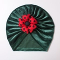 Detail of baby velvet turban hat with red polka dot flower in deep green finish - Dark Green