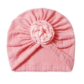 Pink cable knit baby turban hat with a large satin rose flower decoration for infants - Snow Bud