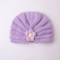 Cozy lavender baby knit turban hat with a contrasting yellow-centered knit flower - Purple