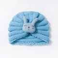 Knitted baby turban hat in light blue with a cute grey plush bunny decoration - Navy Blue