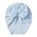 Detailed view of light blue ribbed baby hat with a large silver star foil bow - One Size / Blue