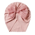 Dettaglio del cappello neonato a costine rosa con fiocco in tulle e stampe di uccelli - Taglia unica / Rosa Carne
