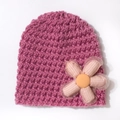 Rose red hand-knit baby winter hat with decorative fabric flower and lace details - Dusky Pink