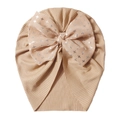 Detail of baby turban hat showing ribbed knit fabric and silver star tulle bow - One Size / Coffee