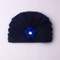Navy blue baby turban hat with light blue knitted flower and yellow center detail - Navy Blue