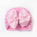 Rosa Baby Strickmütze mit großer Tüllschleife und silbernen Sternenmustern - Einheitsgröße / Rosa