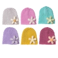 Set of 6 colorful knitted baby beanies with cute 3D floral decorations for winter - Mixed 6 Colors