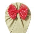 Detail of baby turban hat in sage green ribbed fabric with a large red mesh bow star print - One Size / Green
