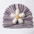 Infant knit turban hat with purple and white stripes and a large white floral accent - Taro Purple