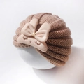 Cute brown baby knit hat with cream bow and eyelash embroidery for newborns - Camel