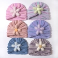 Set of six baby knit beanies with decorative flowers in assorted pastel color stripes - Mixed 6 Colors