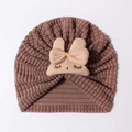 Cute dusty pink baby waffle knit beanie with rabbit embroidery and bow detail - Coffee