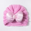 Bonnet en tricot rose pour bébé avec grand nœud en satin et protection des oreilles - Rose