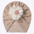 Detail of baby turban hat with hollow embroidery and large 3D mesh floral decoration - Coffee