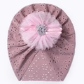 Detail of baby turban hat featuring a pink layered lace flower and heart-shaped mesh texture - Taro Purple