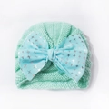 Cute mint green knitted baby turban hat with a large silver star print bow decoration - One Size / Mint Green