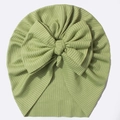 Detail of baby turban hat in grass green ribbed fabric with large decorative bow knot - Green