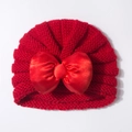 Bonnet turban rouge en tricot pour bébé avec grand nœud en satin et texture côtelée - Rouge