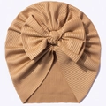 Detailed texture of khaki ribbed knit baby turban hat with oversized stylish bow - Light Coffee