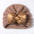 Bonnet turban tricoté rose brun pour bébé avec un grand nœud en satin doré - Café