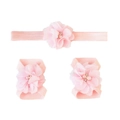 Three-piece baby set with pink chiffon flower headband and matching barefoot sandals - Pink