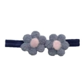 Détail d'un bandeau bébé élastique bleu marine avec deux fleurs en peluche bleu-gris - Gris