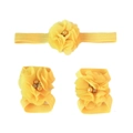 Detailed view of yellow chiffon floral baby headband and matching barefoot sandals set - Yellow