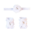Detailed view of white chiffon flower headbands and barefoot sandals set for babies - White