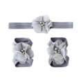 Three-piece set of grey chiffon flower headband and barefoot sandals for baby girls - Gray