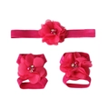 Three-piece baby gift set featuring pink chiffon flower headband and barefoot sandals - Rose Red