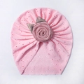Breathable pink baby pointelle turban hat with a large rose flower for newborns - Pink