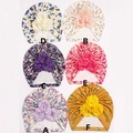 Detail view of baby turban hats with ribbed fabric and handmade floral pearls - Mixed 6 Colors