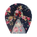 Floral print baby turban hat in navy blue with a cute donut top knot for newborns - Navy Blue Floral (B)