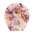 Detailed close-up of pink baby turban hat featuring red floral rose patterns and donut knot - Pink Rose Print (C)