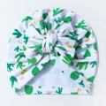 Detail of baby knot hat with green cactus print and large bow in soft waffle fabric - Green