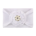 Detail of white nylon baby headband with satin rose flower and crystal pearl center - White