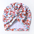 Floral print baby turban hat with large decorative bow on a soft cotton knit fabric - Rose Red