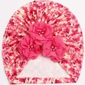 Macro detail of infant turban with floral print and 3D chiffon flowers with pearls - Pink Lush Floral (E)